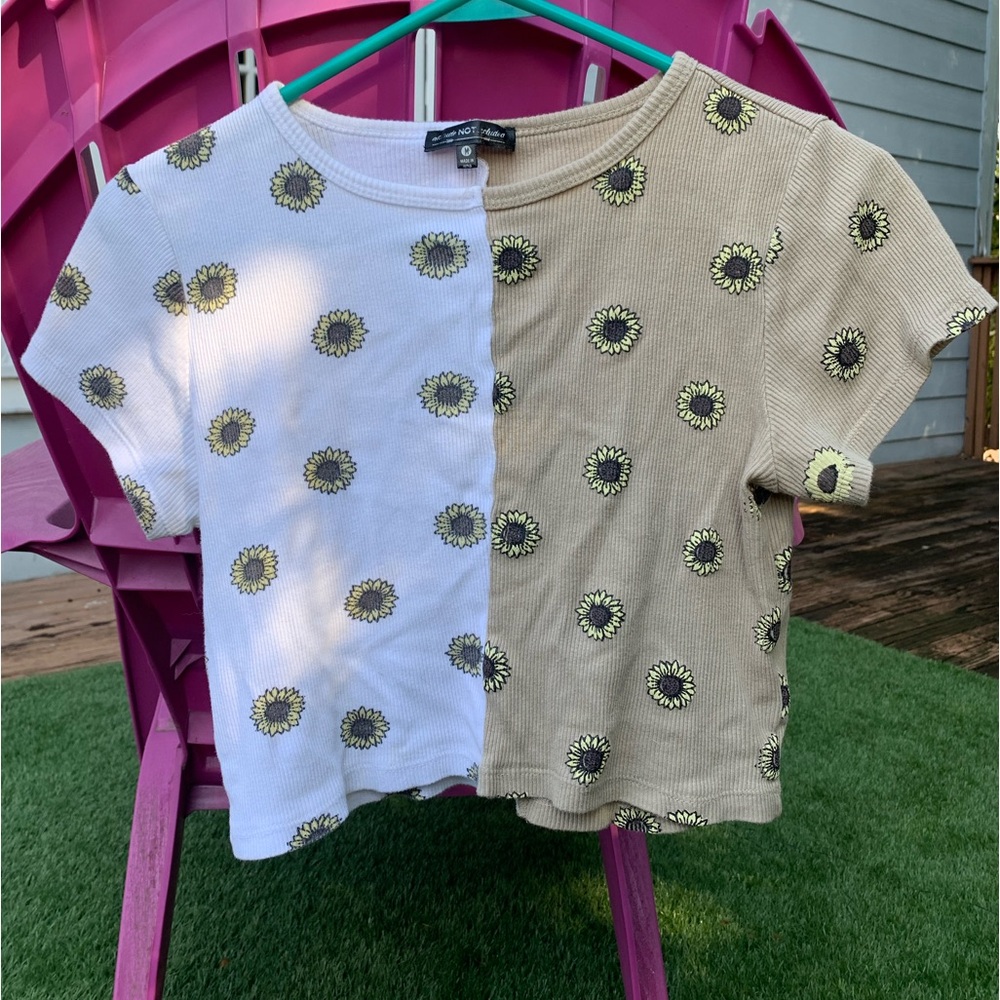 ATTITUDE NOT INCLUDED split color block white and tan crop top sunflower print